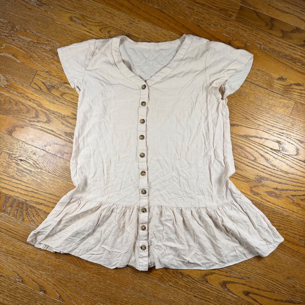 Boho Minimalist Khaki Cream Button Down‎ Peplum Top V-Neck Short Sleeve XLBeach